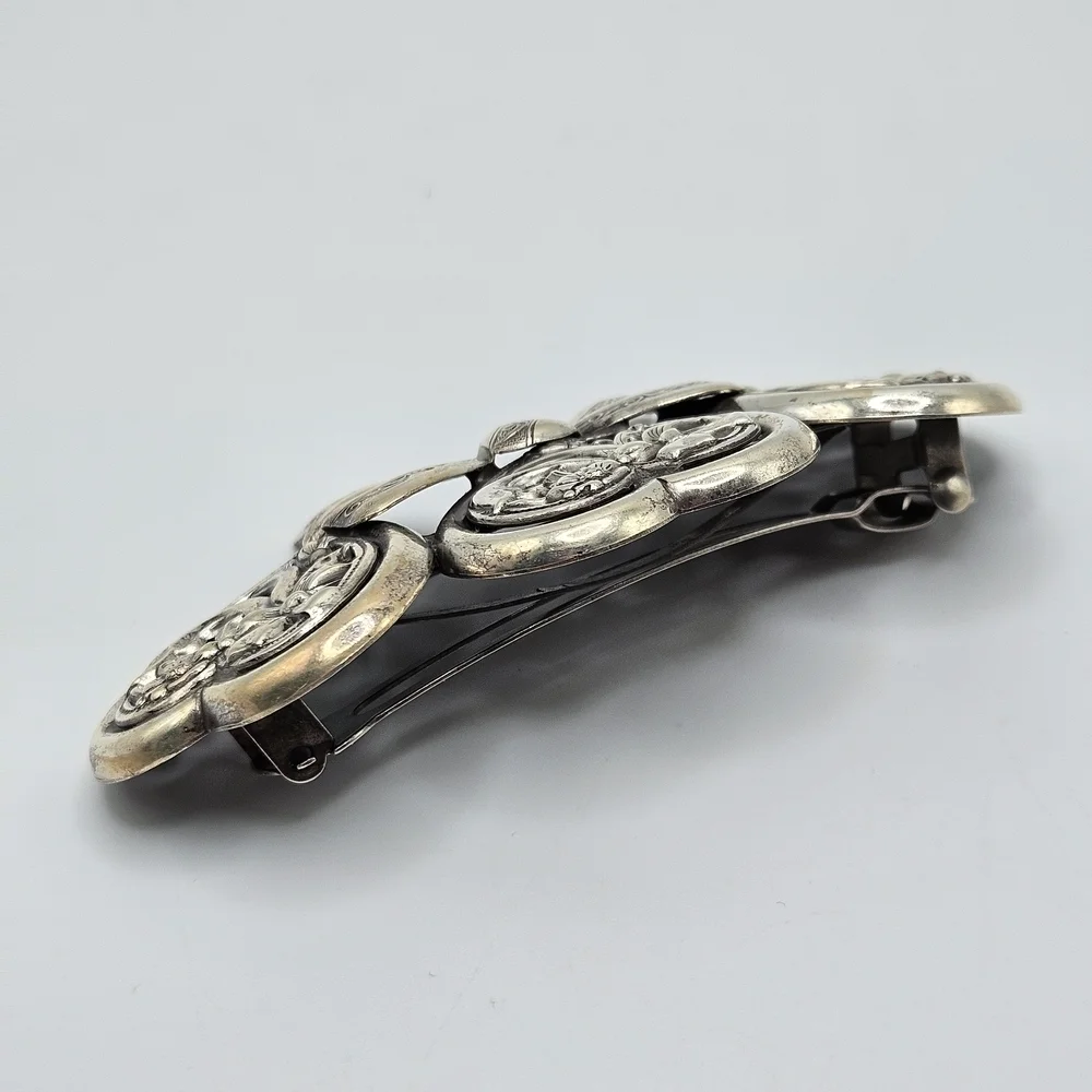 VINTAGE Art Deco Silver Plated Hearts French Hair Barrette Made in France